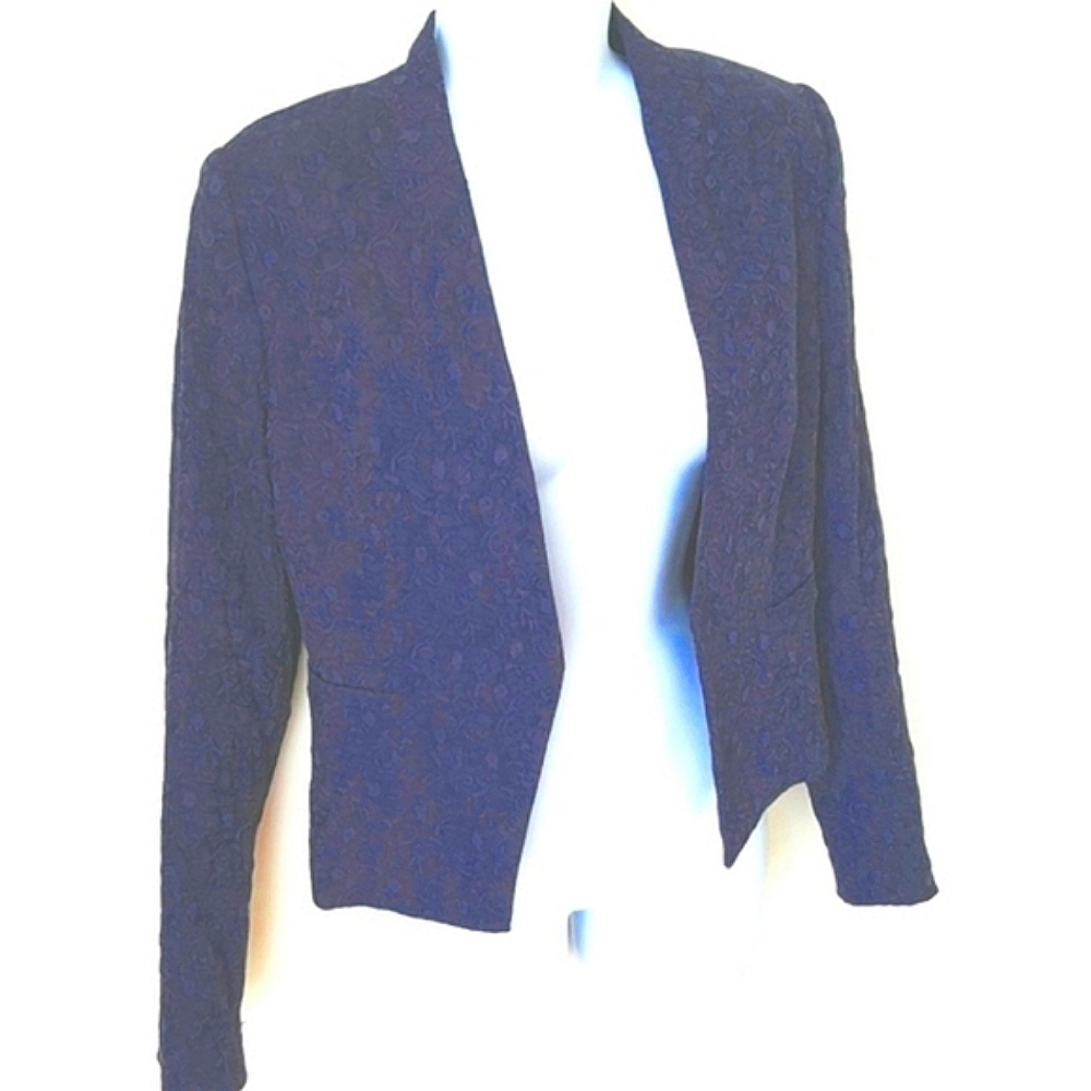 Damask Navy Blazer Jacket Feminine Body Hugging V Neck Fully Lined Unisex Size 8
